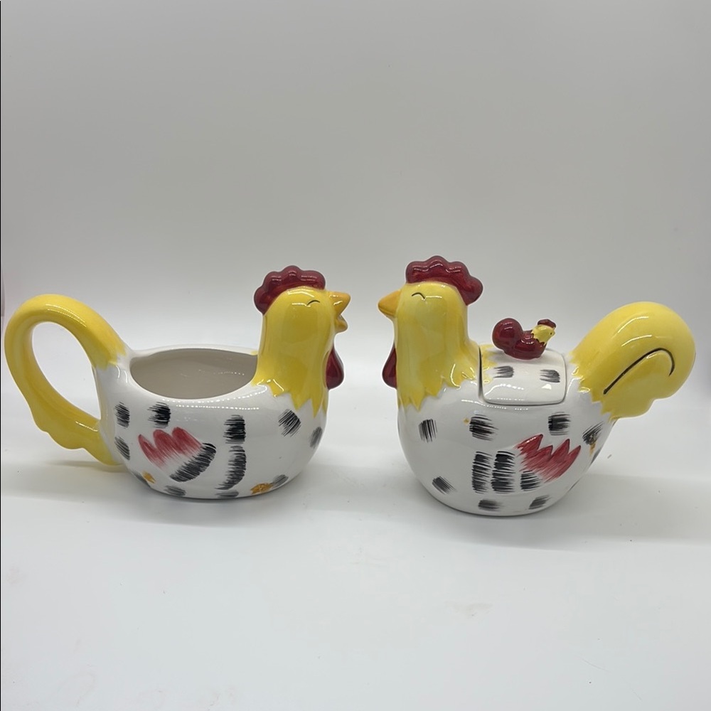 Vintage Yellow and Red Rooster Creamer and Sugar Set